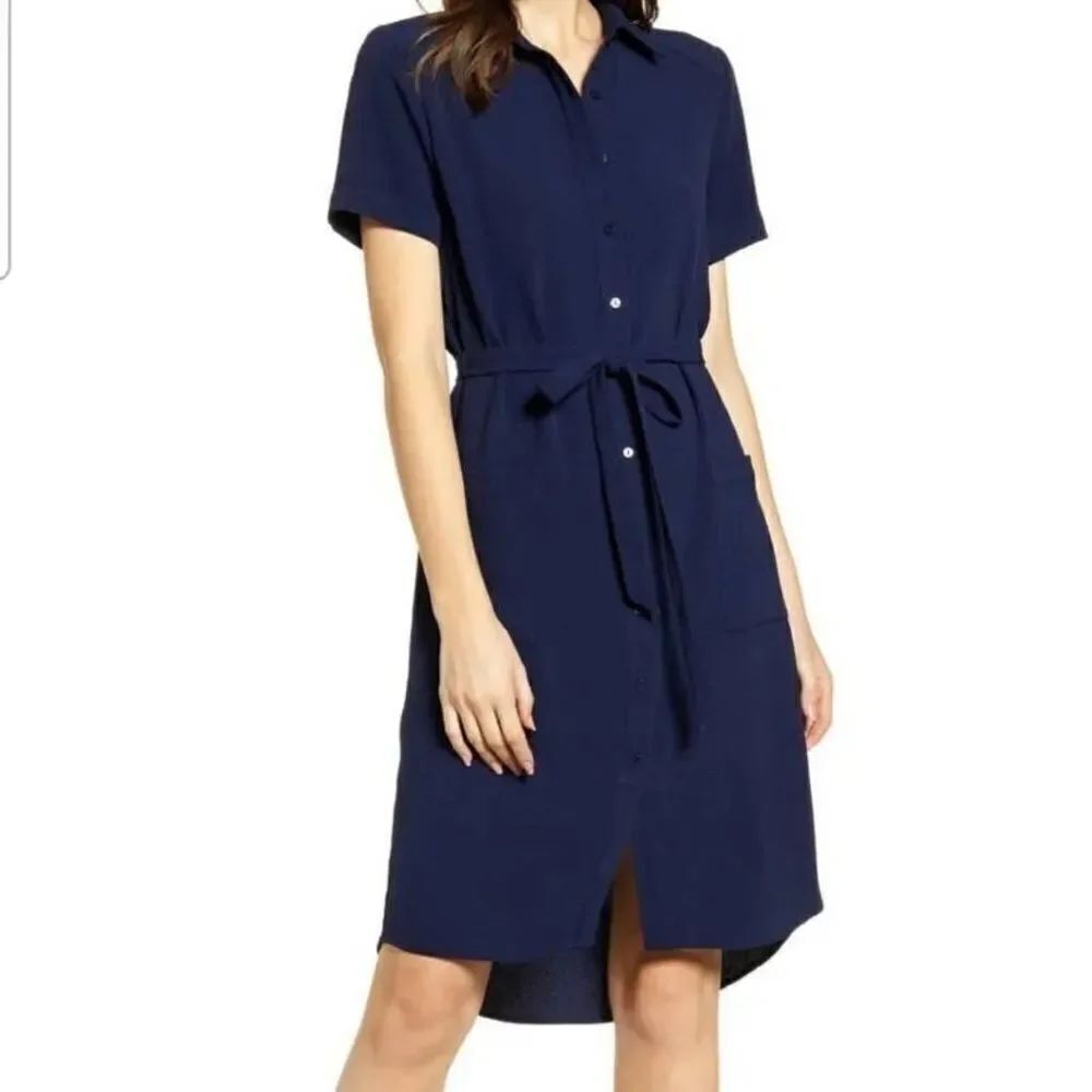 RACHEL PARCELL Navy Peacoat Navy Blue Collared Front Button Short Sleeves High-L